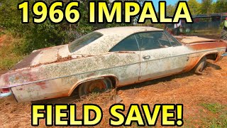 Dragging a 1966 Impala out of a Farm Field! | Sitting for 35 Years! (Old Car Rescue)