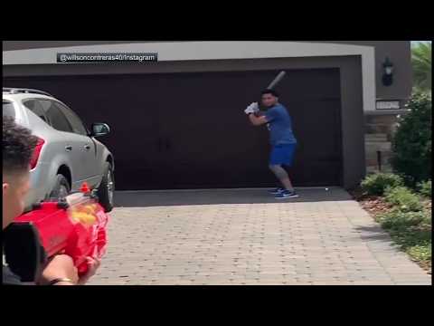 Wilson Contreras Holds Nerf Gun Batting Practice At Home With Brother