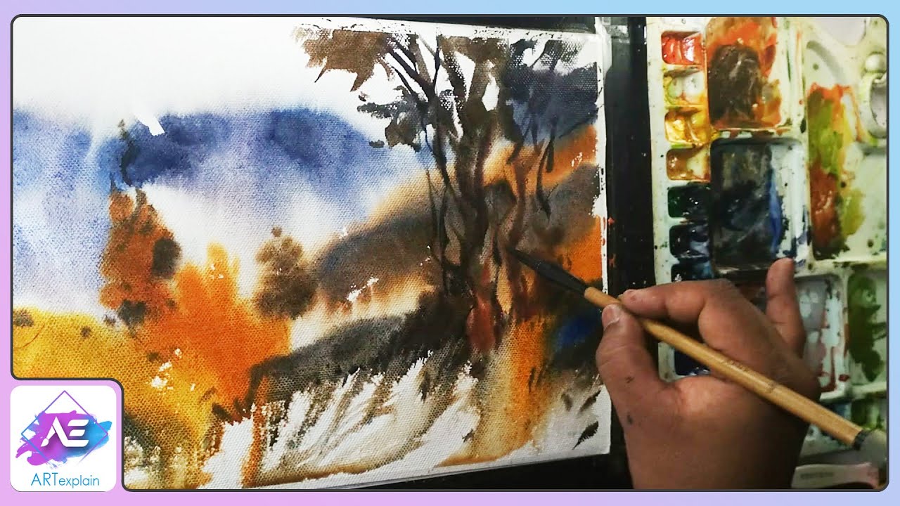 Abstract watercolor landscape painting demonstration by Art Explain