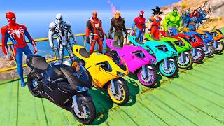 SPIDERMAN CAN REACH THE RACING MOTORCYCLES on MOUNTAIN TRACK MEGA RAMP,SUPERHEROES MOTOS STUNT-GTA 5 screenshot 1
