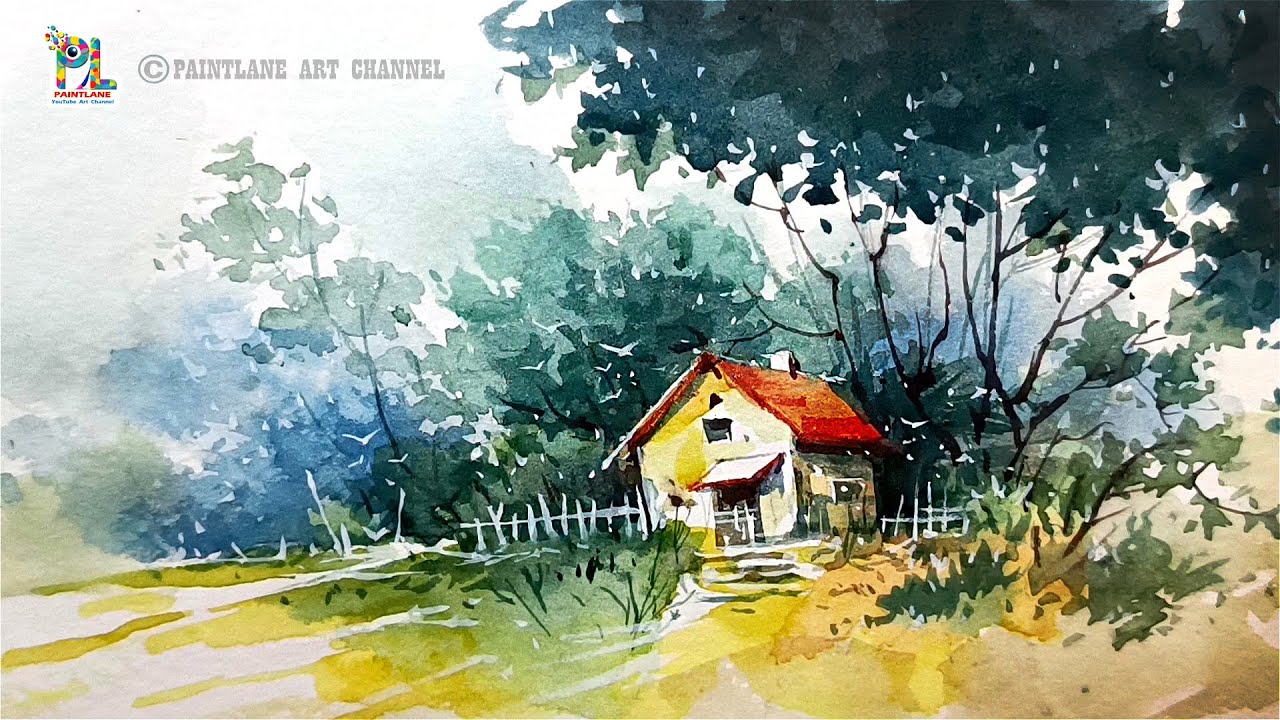 How to Paint House in Landscape with Water Color Painting - YouTube