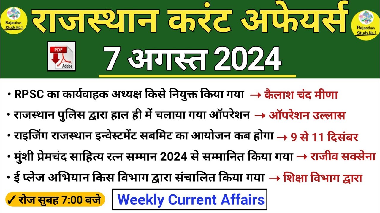 7 August 2024 Rajasthan Current Affairs in Hindi l Current Affairs ...