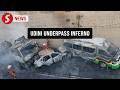 Three vehicles engulfed in flames after underpass crash in Penang