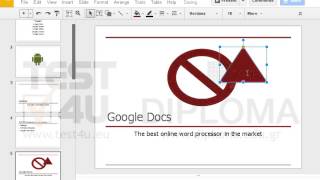 Insert the word triangle as text into the triangular drawing object of the fifth slide.