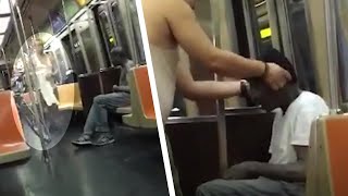 地下鉄の乗客が撮影したのは、見知らぬ人が半裸の男性にTシャツを突然着させる光景だった
