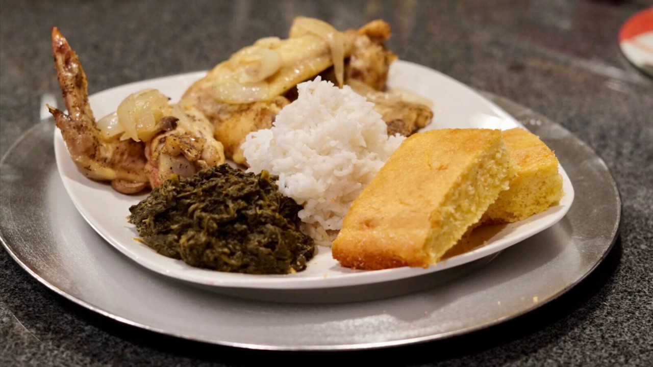 Baked chicken wings, spinach, rice & cornbread - YouTube