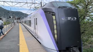 [フル点ハイビーム]E353系 S109編成 S210編成 特急あずさ1号松本行が勝沼ぶどう郷駅1番線を通過するシーン
