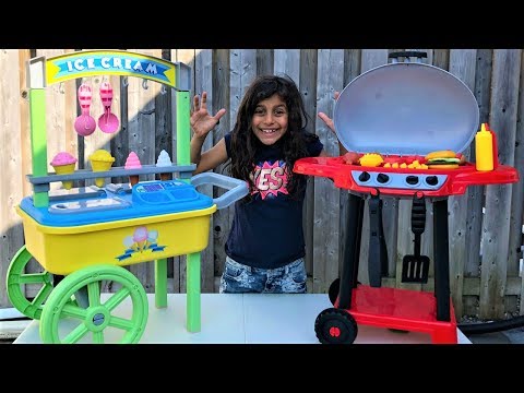 Kids Pretend Play with ICE CREAM cart and BBQ toy