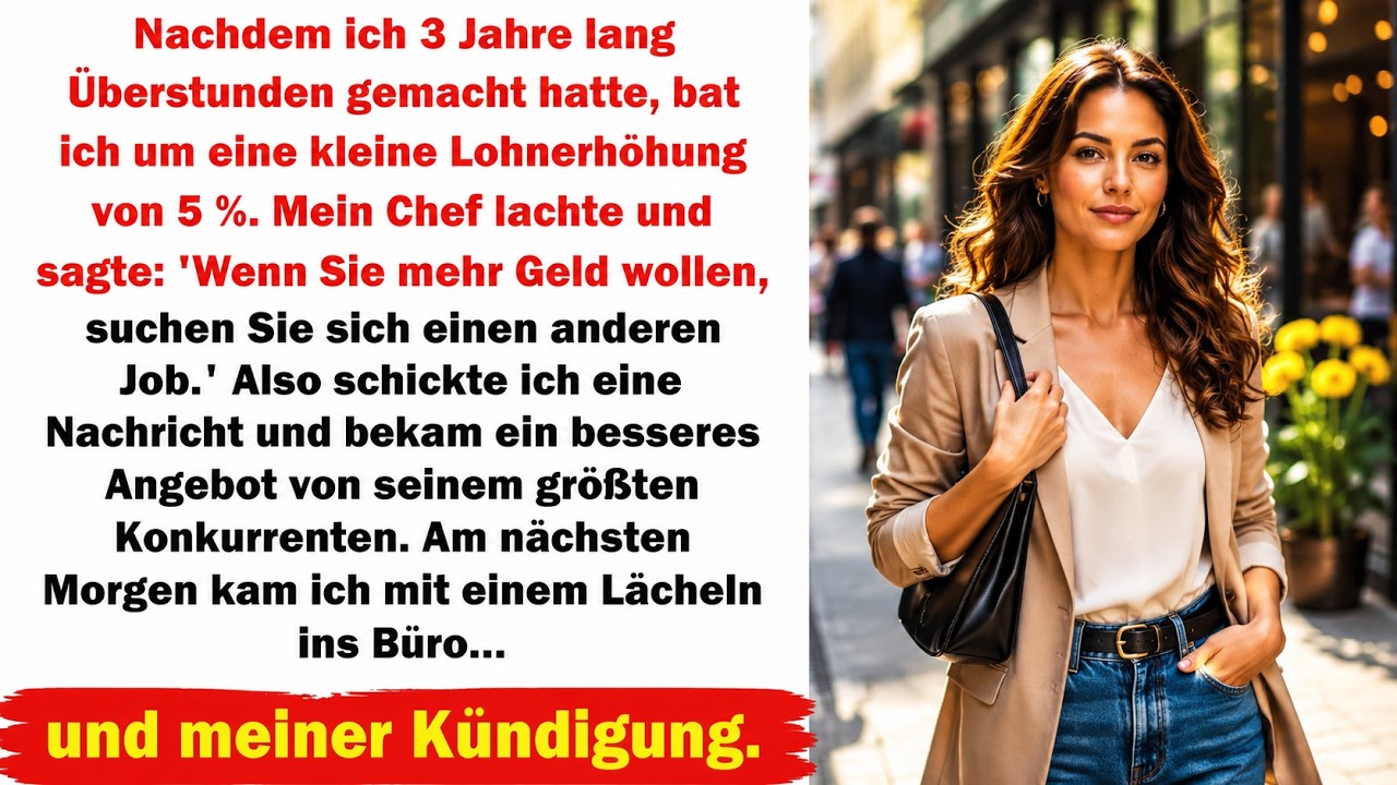 Ich bat meinen Chef um fünf Prozent mehr Gehalt – nach drei Jahren Überstunden, Wochenendarbeit und verpasstem Urlaub. Er lachte mir ins Gesicht und sagte: „Wenn Sie mehr Geld wollen, suchen Sie...