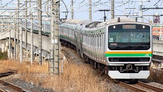 【高架区間から降りて都心部へ〜】E231系1000番台K-01編成+E233系3000番台E-56編成　踏切通過シーン