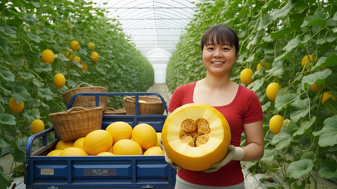 REWIND TIMELAPSE — Harvesting Yellow Melons in Greenhouse, Loaded on 3-Wheeled Truck to Sell