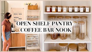 COZY COFFEE BAR NOOK + OPEN SHELF & PANTRY ORGANIZATION | COTTAGE STYLE DECORATING