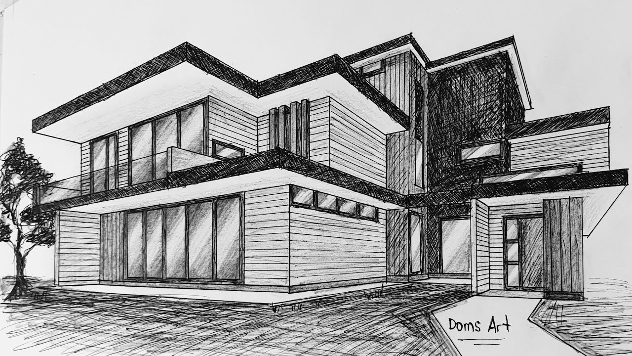 Modern Parasite House Drawing Tutorial Using 2 Point Perspective Architecture Drawing Plan House Design Drawing Architecture Sketch