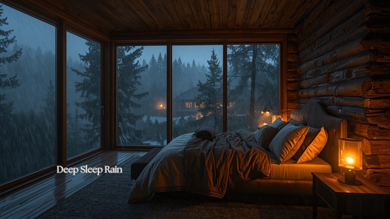 Cozy Cabin Rainstorm at Night 🌧️🔥 Large Window Forest View & Warm Lantern Ambience for Deep Sleep