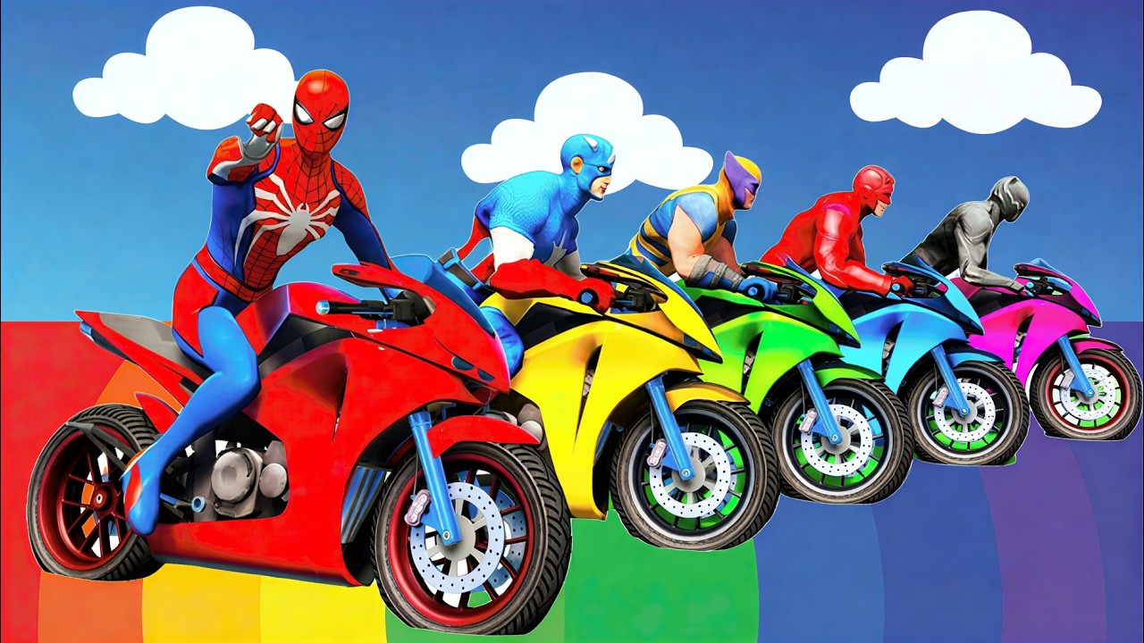 🦸‍♂️🕷️ سبايدر مان اخطر دراجة نارية فوق اسماك القرشSuperheroes Ride on Motorcycle Stunt Funny Moments