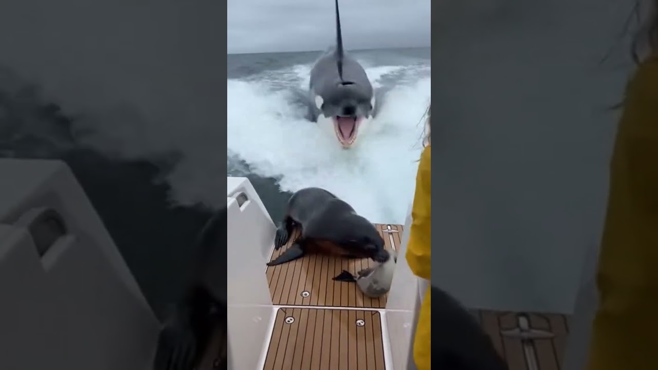 Sea Lion Jumps on Boat to Save Seal Pup from Orca!