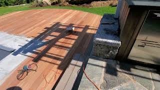 Warped mahogany decking project update, continued sanding, pool cover and stonework cleaning