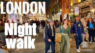 London Night Walk. A walking tour in Central London City Street Walk England UK  China Town 2024 4k
