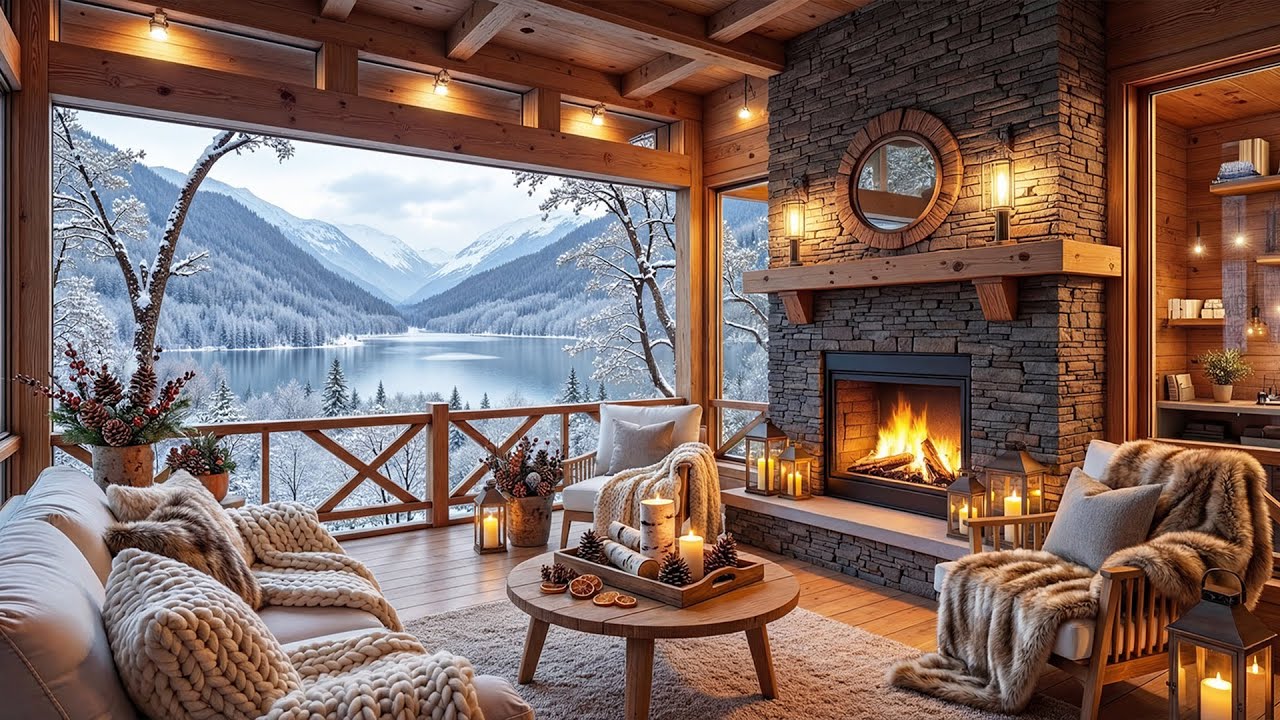 Peaceful Winter Lake Porch by Lakeside ❄️Soothing Piano Music and Crackling Fireplace for Relaxation