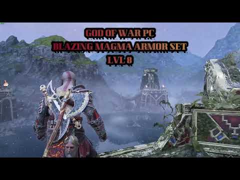 GOD OF WAR PC BLAZING MAGMA FALLEN ASH SMOLDERING BRIMSTONNE LVL 8 ARMOR COMPARISONS.  NO GEMS STATS