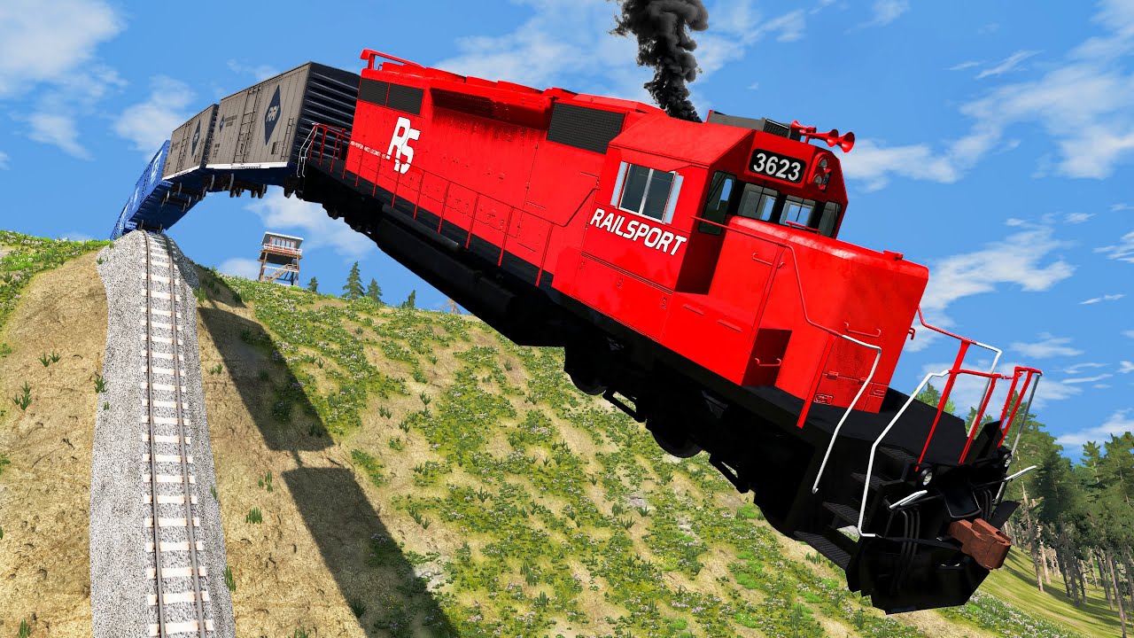 Train vs Steep Slope #6 and Monster truck rescue - BeamNG.Drive
