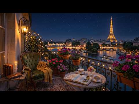 Moonlit Paris Balcony Jazz | Relaxing Piano with Seine River & Eiffel Tower Views for Reading,Unwind