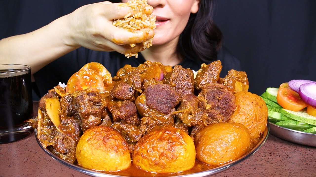 Eating Spicy Mutton Masala Curry and Egg Curry with Basmati Rice, Onion #ASMR/EATING SHOW MUKBANG