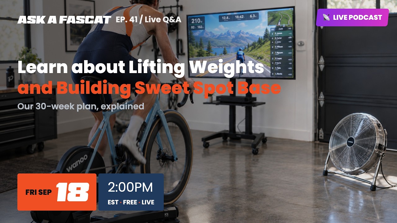 Ask a FasCat episode 41, Learn about Lifting Weights and Building Sweet Spot Base, live Friday September 18 at 2 PM Eastern