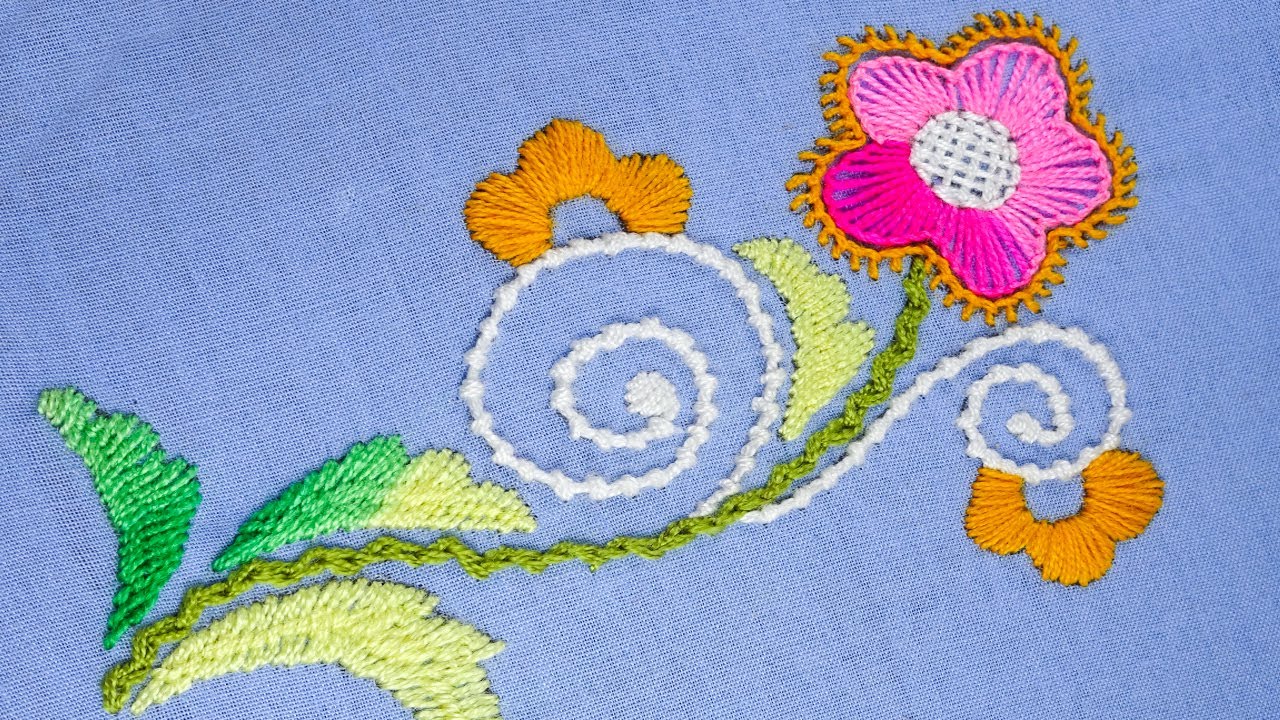 New hand embroidery fantsy gorgeous floral design with lots of colorful floss and easy sewing stitch