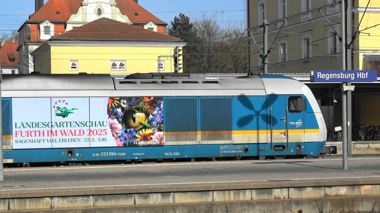 Regensburg Hbf: Bunter Bahnverkehr aus versch. Perspektiven, BR218 gut gepflegt, alex m. Werbeloks