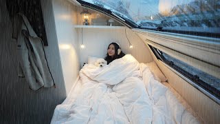 Small and cozy caravan camping amidst strong waves and wind and rain/ Warmer and more cozy than home