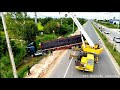Please Drive Safely!! Incredible Long Truck​ Falling Down From Highway Road Recovery By Crane Lift