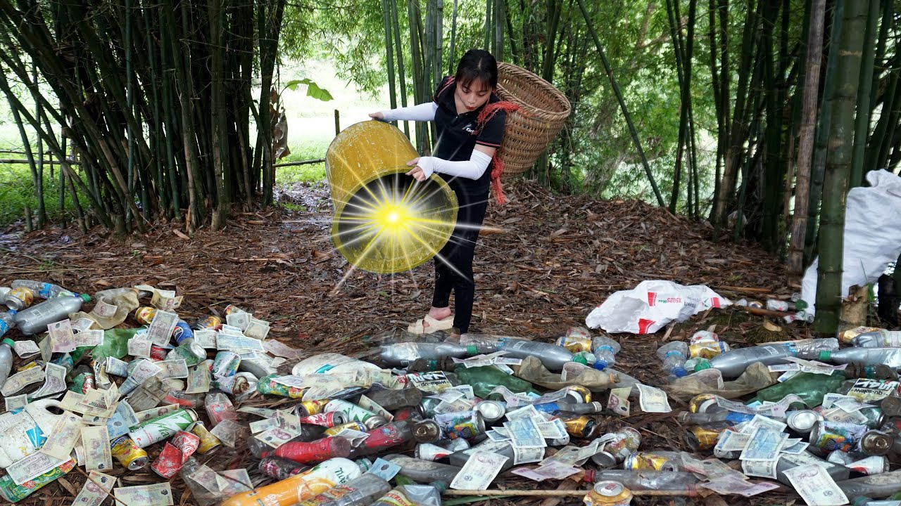 Collecting scrap. Poor girl Hana was lucky to pick up a plastic pot containing a lot of money