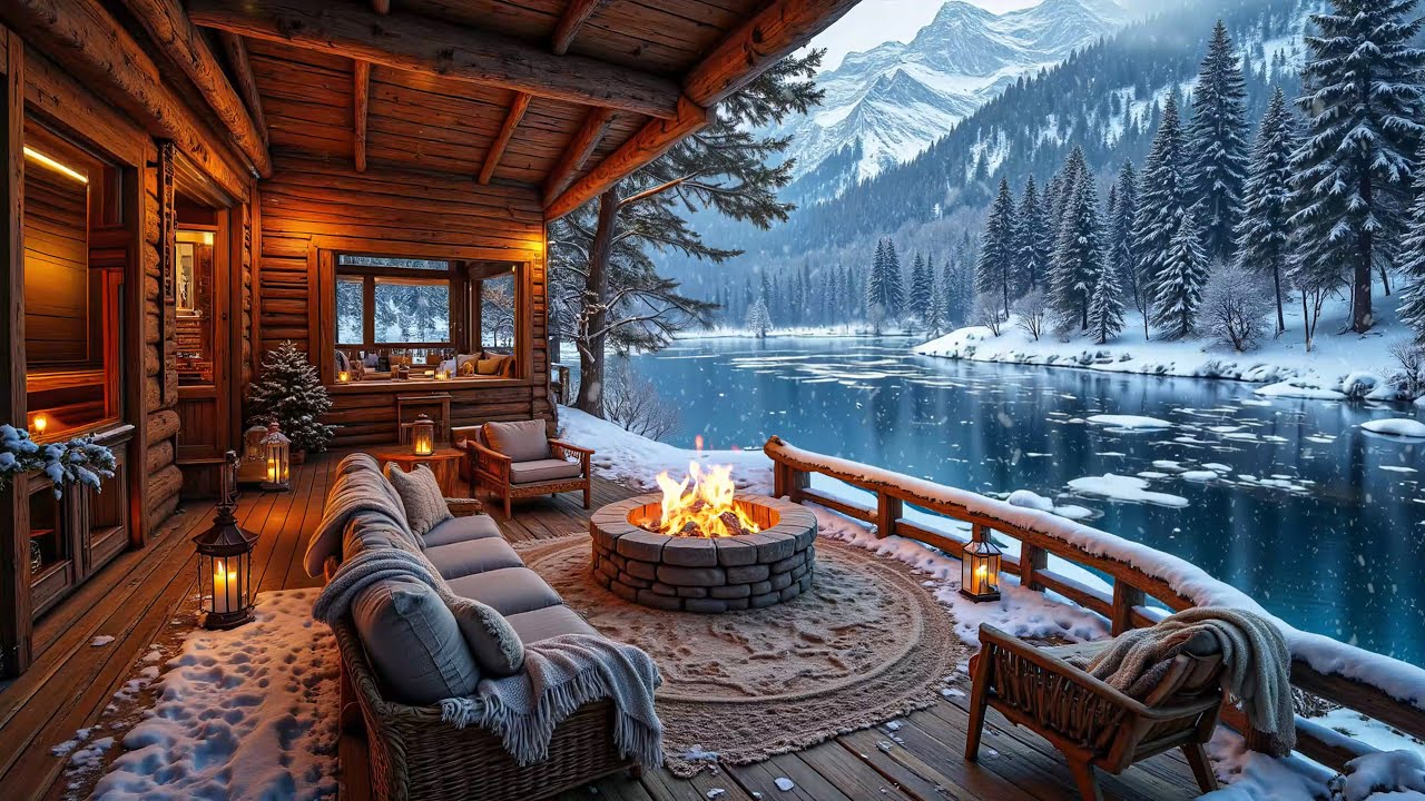 Peaceful Lakeside Porch on Winter Ambience 🔥❄ Soothing Piano Music, Fire Crackling for Study, Work