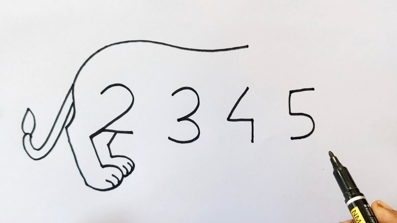 Рисунок льва с цифрой 2345 | Рисование льва шаг за шагом | Простой рисунок льва 🦁