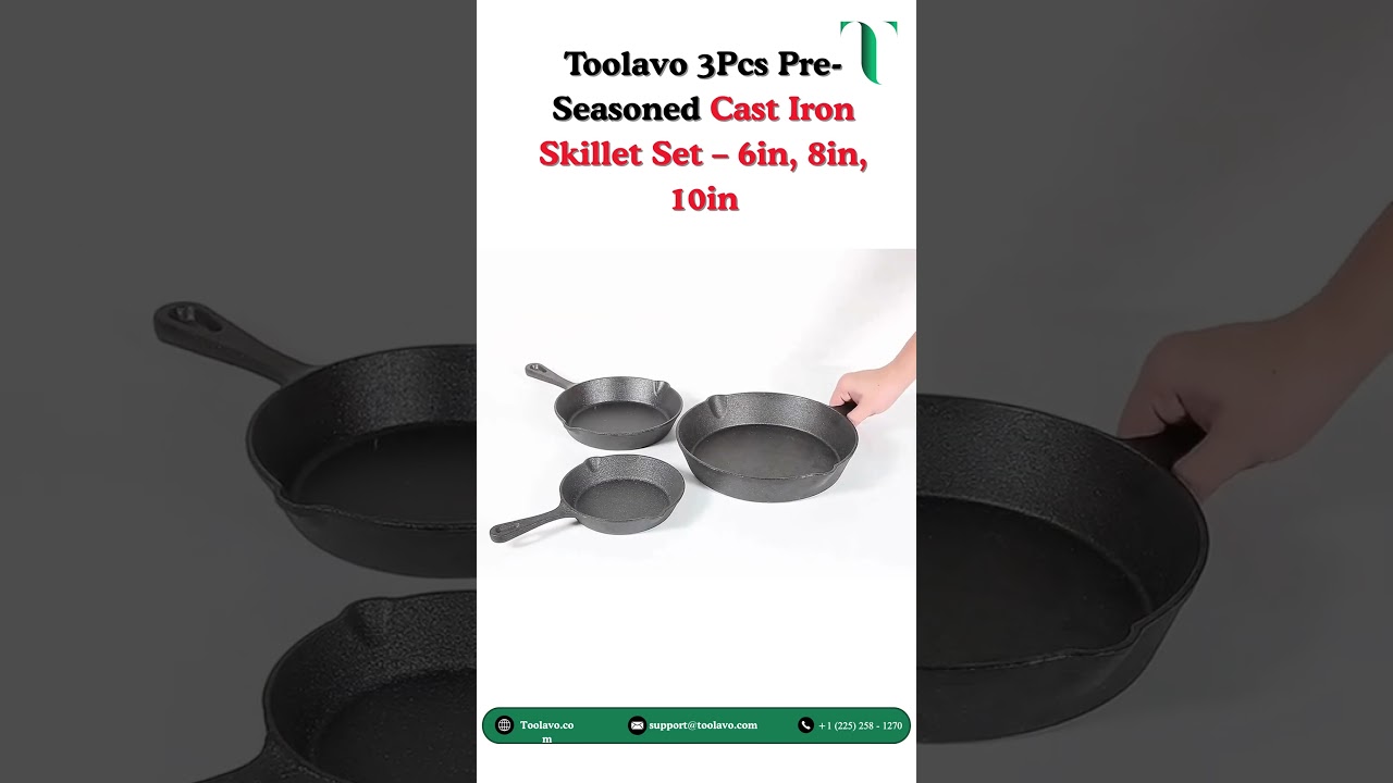 Toolavo 3-Piece Pre-Seasoned Cast Iron Skillet Set | 6", 8", 10" Frying Pans for Cooking & Baking