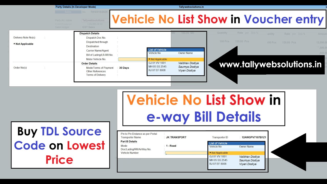 (Buy TDL Source Code Rs 40) Vehicle No List Show in Voucher and e-way Bill Entry in Tally Prime 7.0