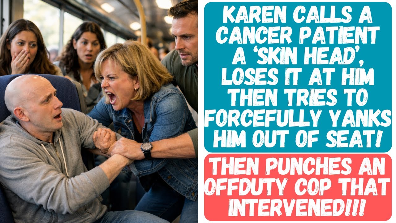 KAREN CALLS A CANCER PATIENT A ‘SKIN HEAD’, LOSES IT AT HIM THEN TRIES TO YANKS HIM OUT OF SEAT!!!