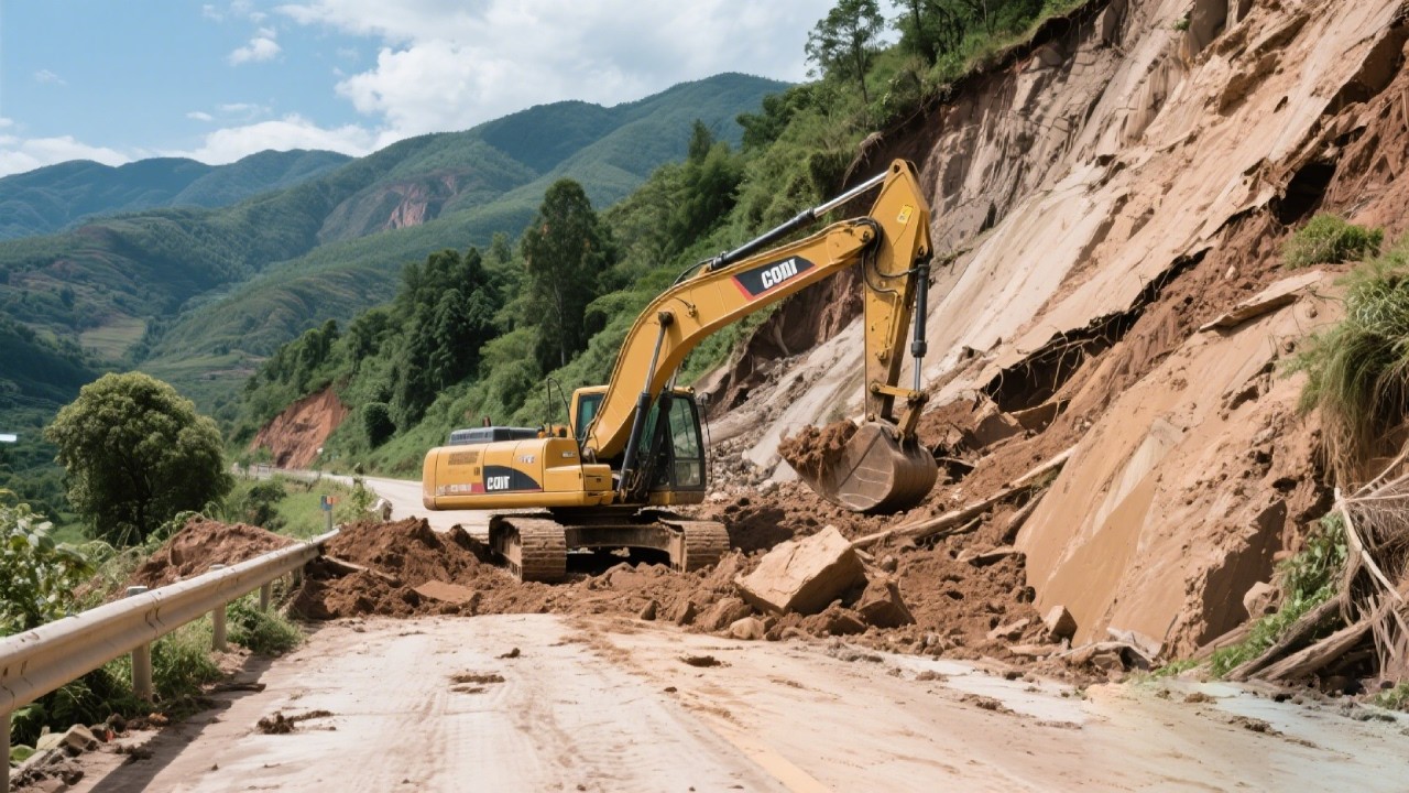 开着挖机游全国，在云南遇到山体滑坡，一般路被遮盖太危险了！【挖机小何vlog】