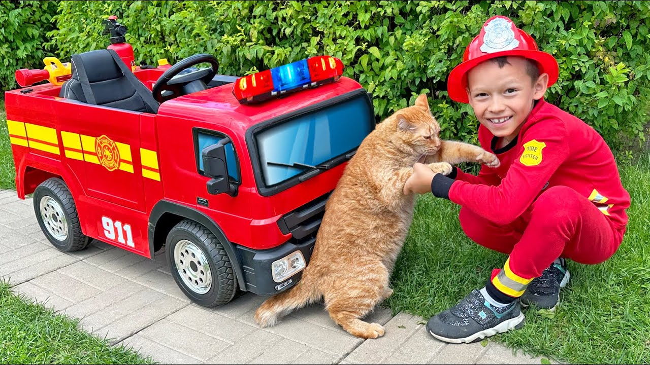 Firefighter Max rides a fire truck and helps the Cat