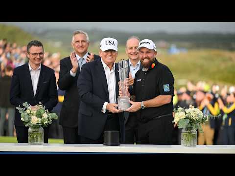 US President Donald Trump presents Shane Lowry with the Irish Open trophy