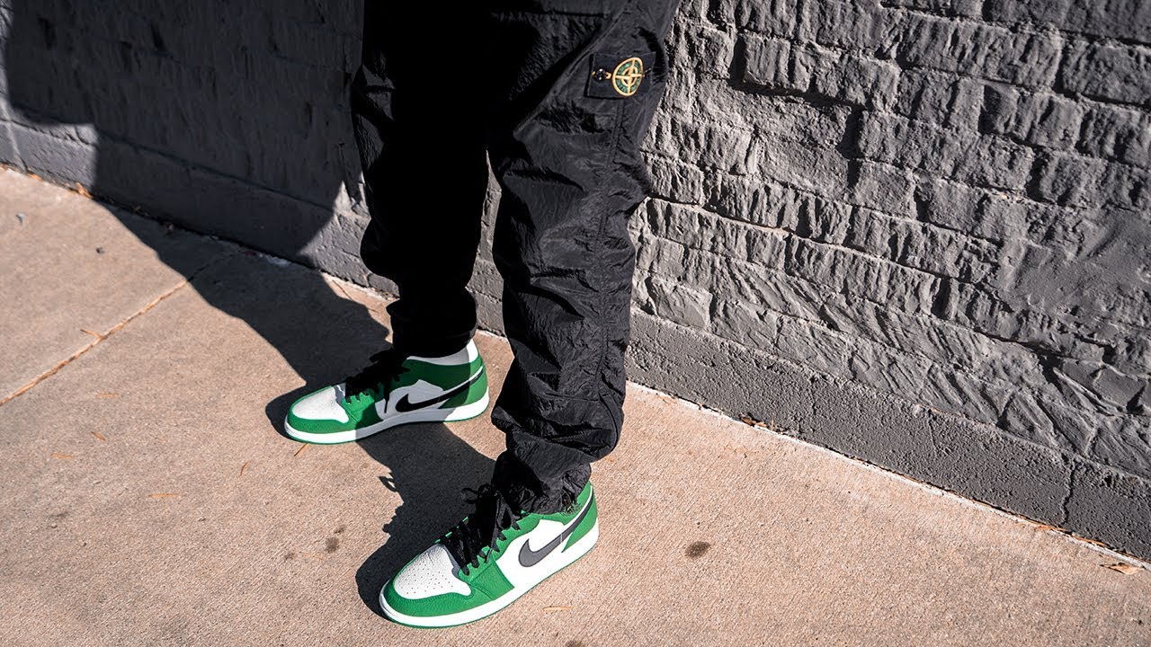 jordan 1 mid pine green on feet