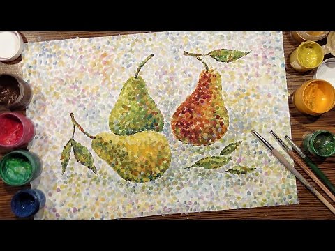 Pears on a Table | Technique Pointillism | Gouache | IOTN - Speed Painting