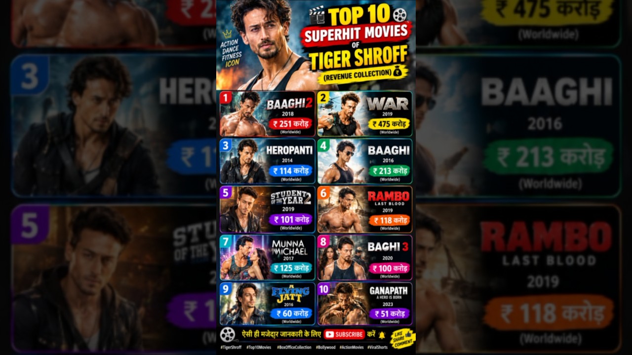 🔥 Tiger Shroff की Top 10 Superhit Movies 💥 | #tigershroff #shorts#rudranshfactzone