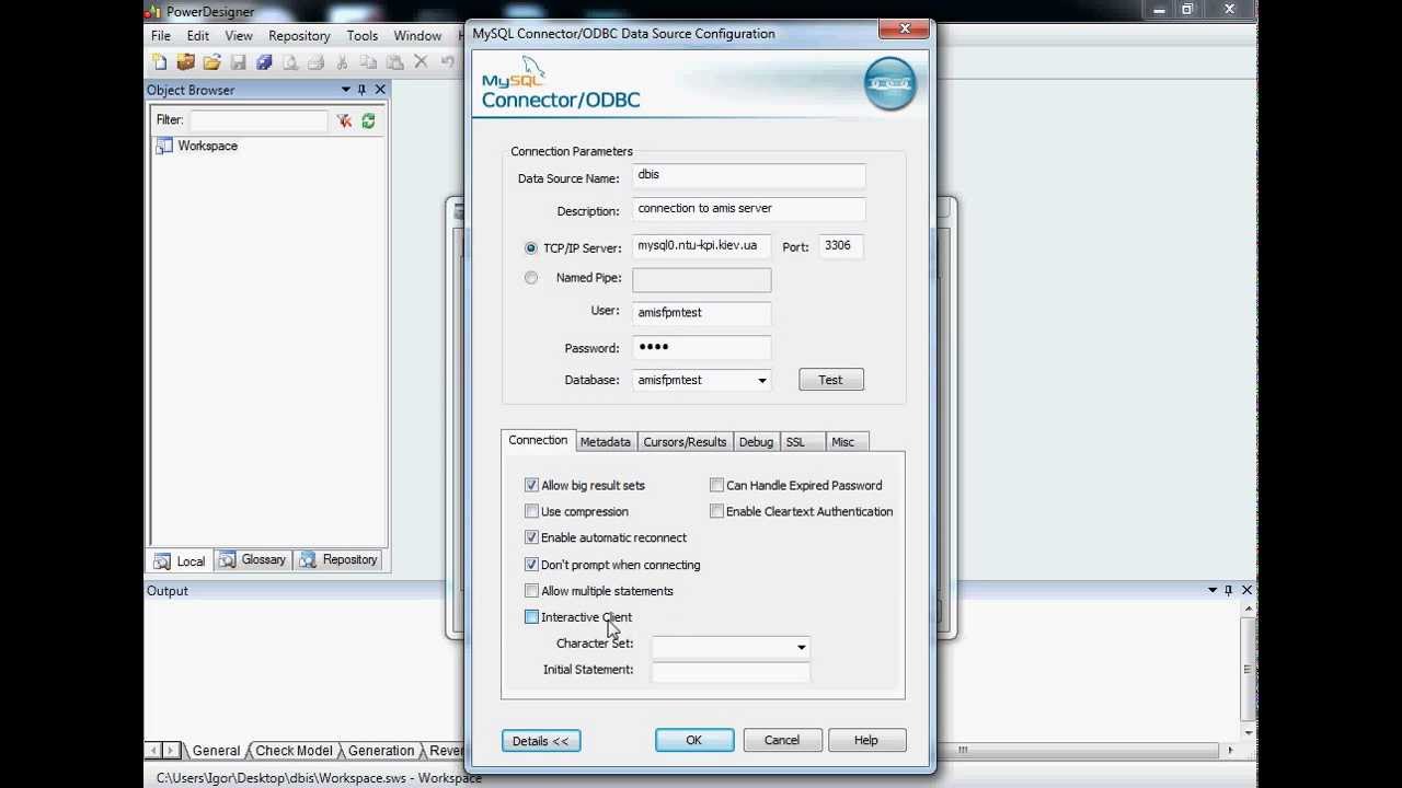 MySQL ODBC connection to Power Designer repository