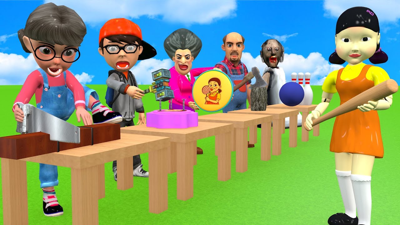 Scary Teacher 3D vs Squid Game Cutting High Max Wooden vs Hammer and Syringe 5 Times Challenge