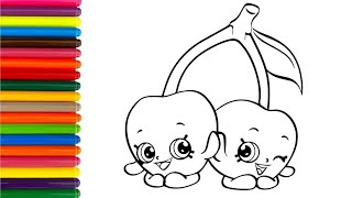 How to Draw and color Easy a Cute Couple Of  Cherries 🍒🌈 Drawing for Kids and Toddlers 🍒🌈  #034