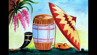 Bihu instruments painting with watercolor easy step by step | Assamese Bihu Drawing