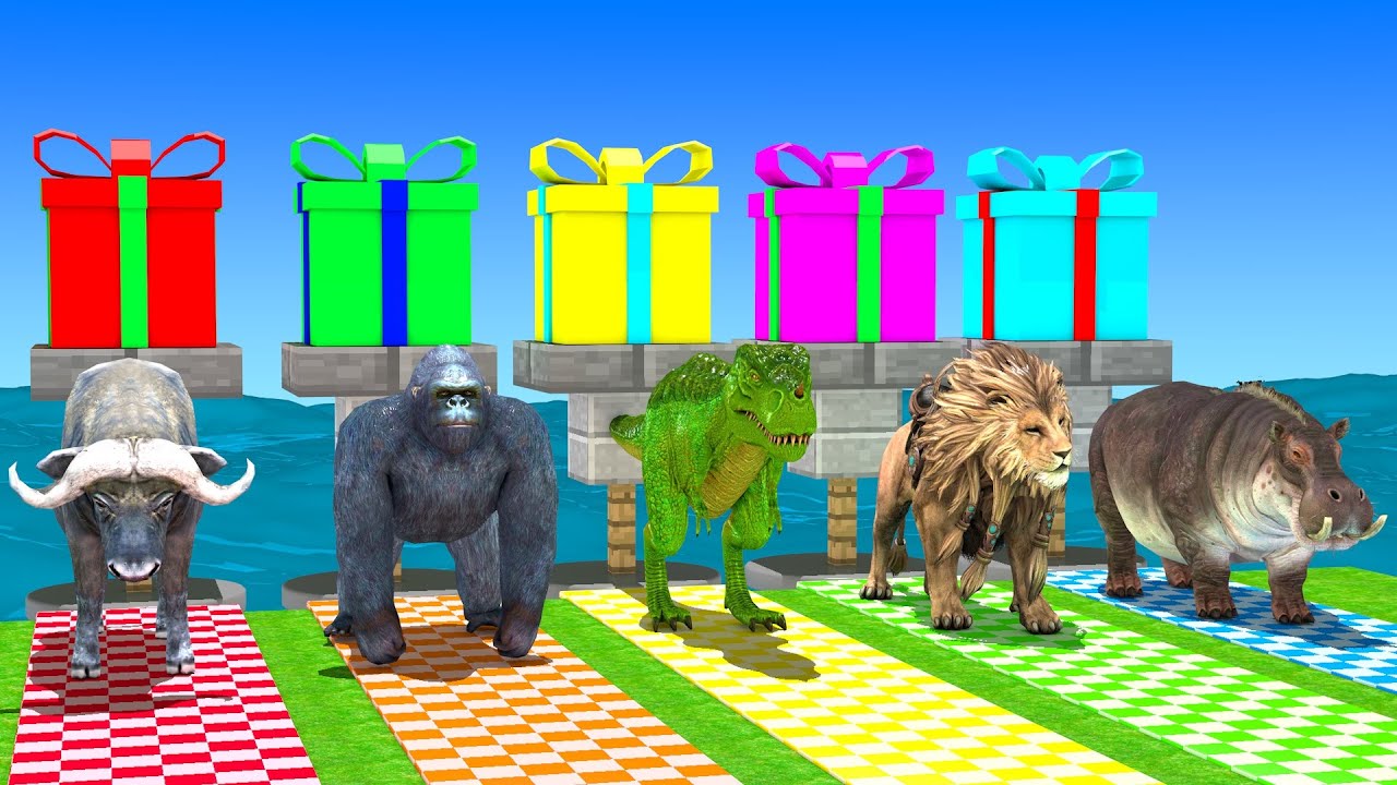 Long Slide Game With Cow Elephant Gorilla Hippopotamus Tiger - 3d Animal Game - Funny 3d Animals