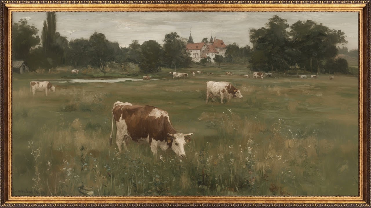 4K Frame TV Art – Vintage Cow Painting | Rustic Farmhouse Landscape by Cozyland Prints